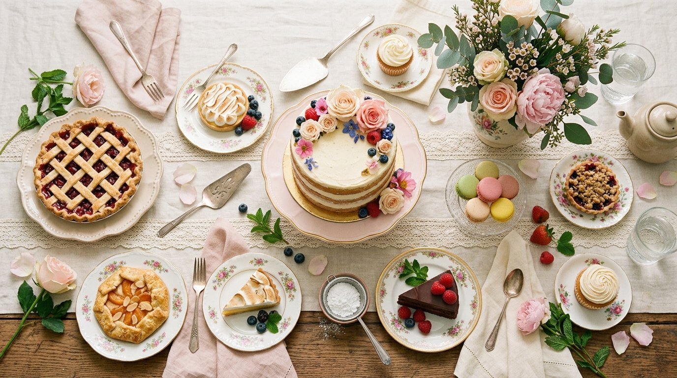 Top-down view of a wooden table spread with a layered cake, lattice pie, tarts, and floral decorations.