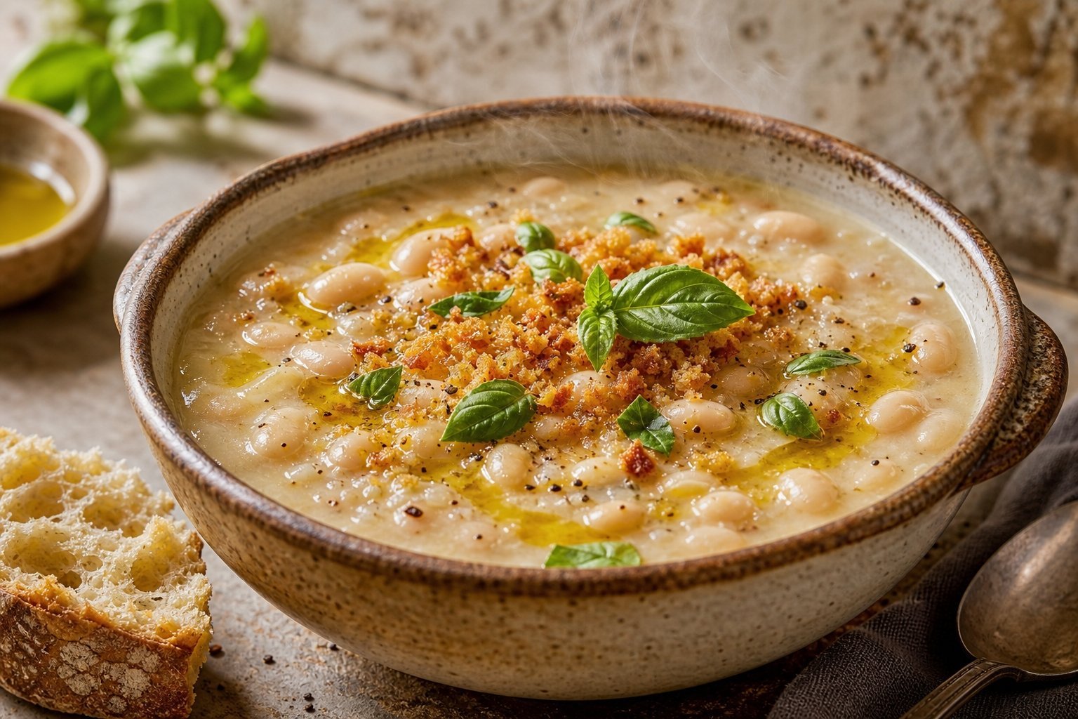Close up of a rustic ceramic bowl filled with white bean soup topped with crispy breadcrumbs, basil, and olive oil.