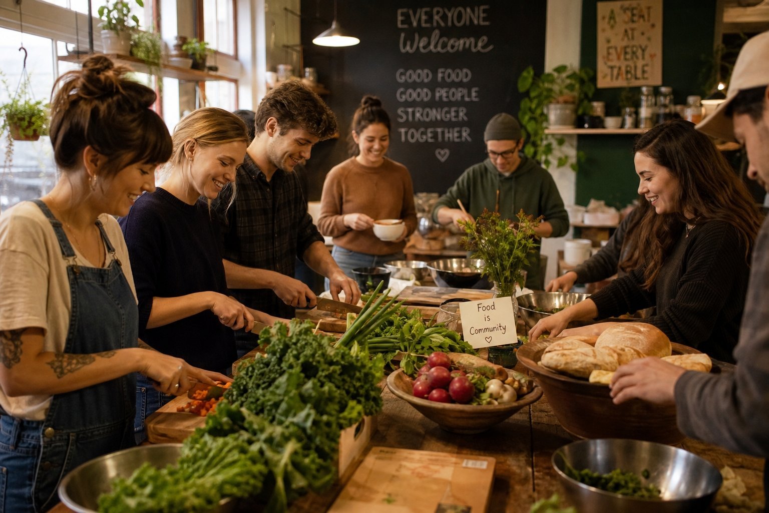 Diverse group of happy young adults cooking together in a community kitchen space.