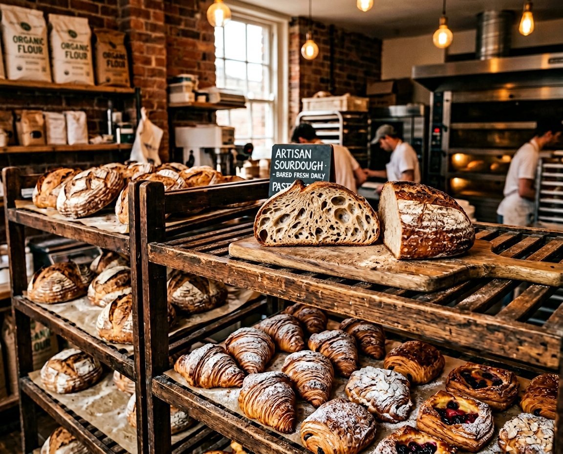 Wooden shelves in a bakery displaying fresh sourdough loaves, croissants, and fruit danishes.
