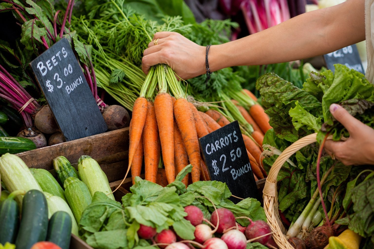 Close up of a hand selecting a bunch of orange carrots next to price signs for beets and produce.