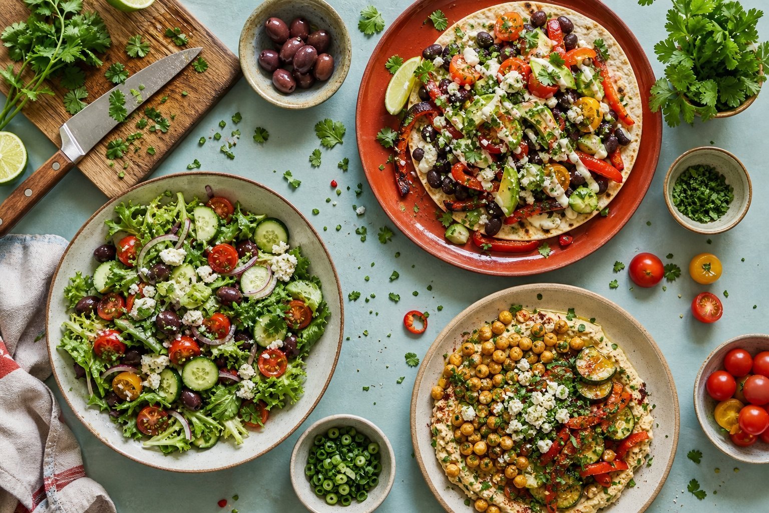 Top-down view of salad, flatbread with black beans, and hummus with chickpeas on a light blue surface.