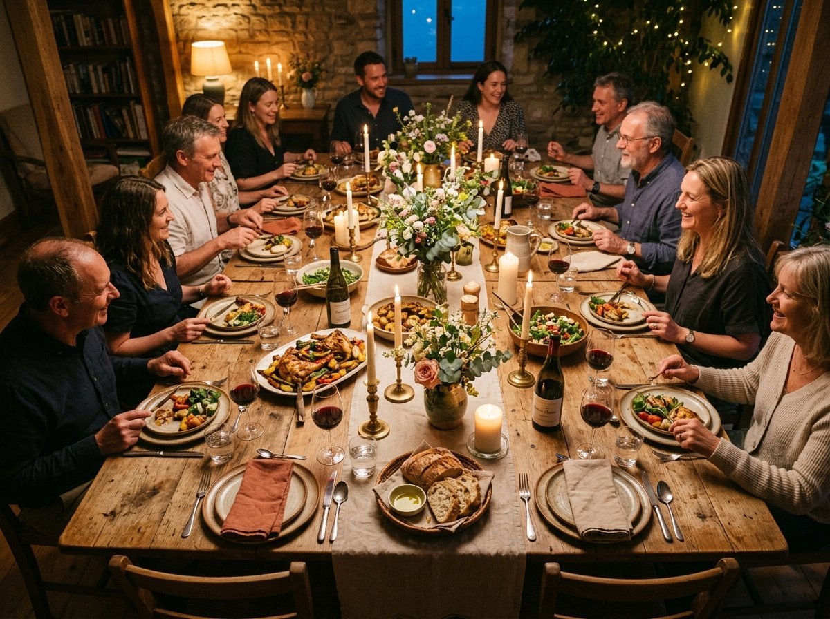 A large group of people sit around a long wooden table lit by candles, enjoying a meal together in a cozy room.