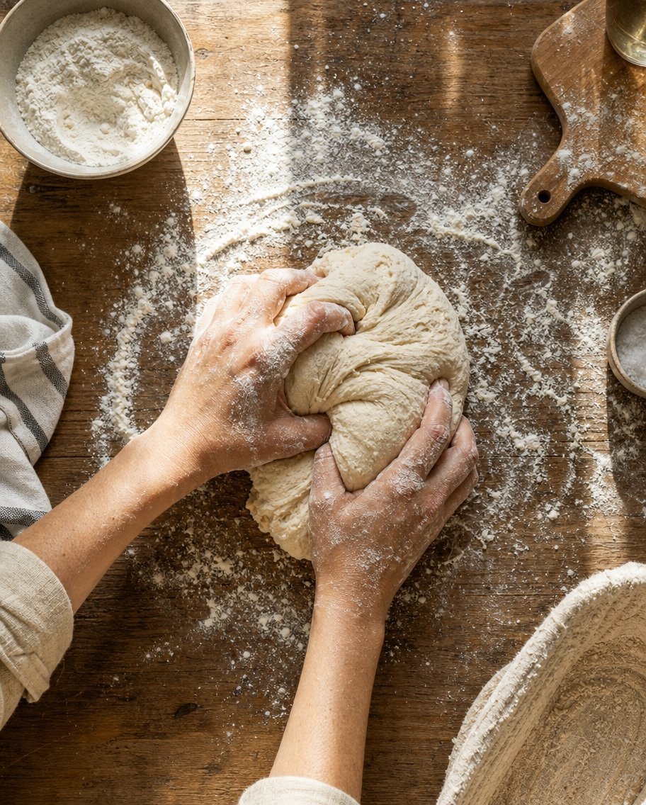 Close up overhead view of pair of hands folding and working a ball of floury bread dough on a worn wooden table.