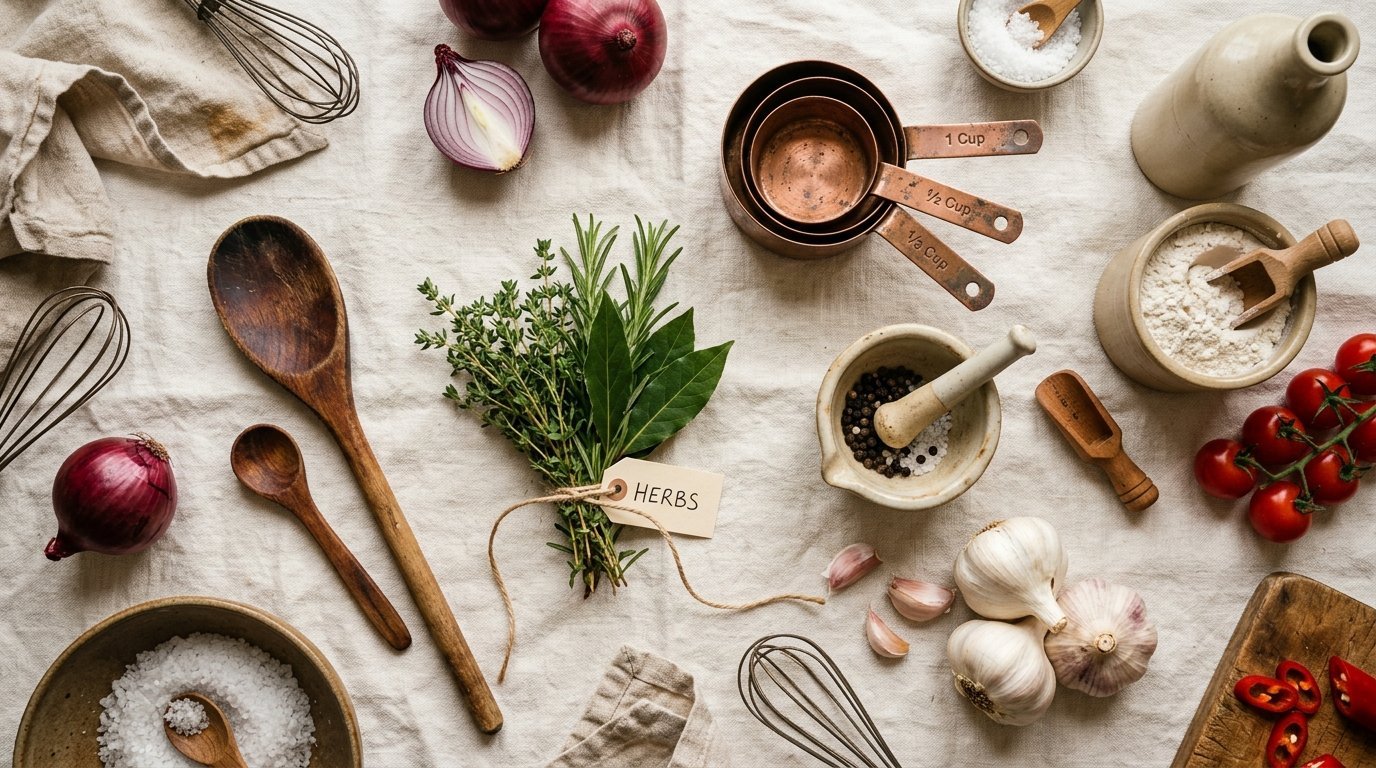 Top down view of cooking ingredients including red onions, garlic, fresh herbs, flour, salt, and copper measuring cups.