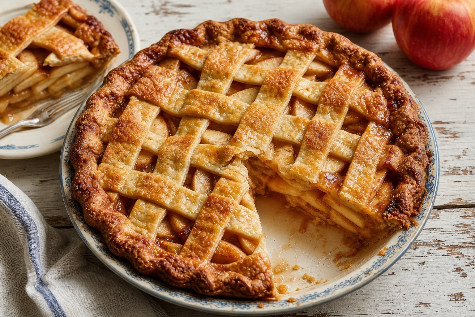 Golden brown apple pie with a woven lattice crust, displayed in a blue and white patterned dish on a wooden table.
