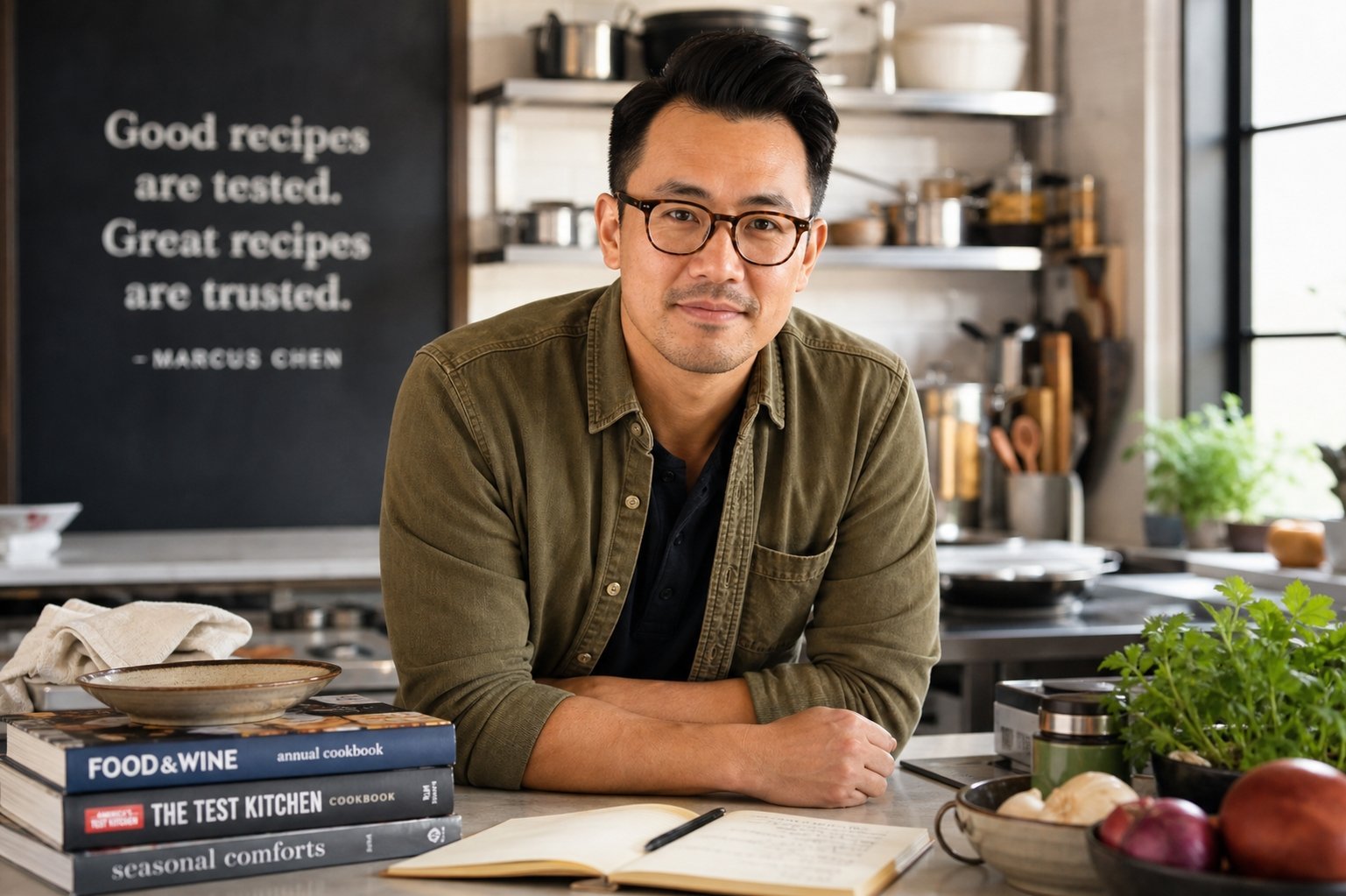 A man in glasses and an olive shirt leaning on a kitchen counter near a stack of cookbooks.