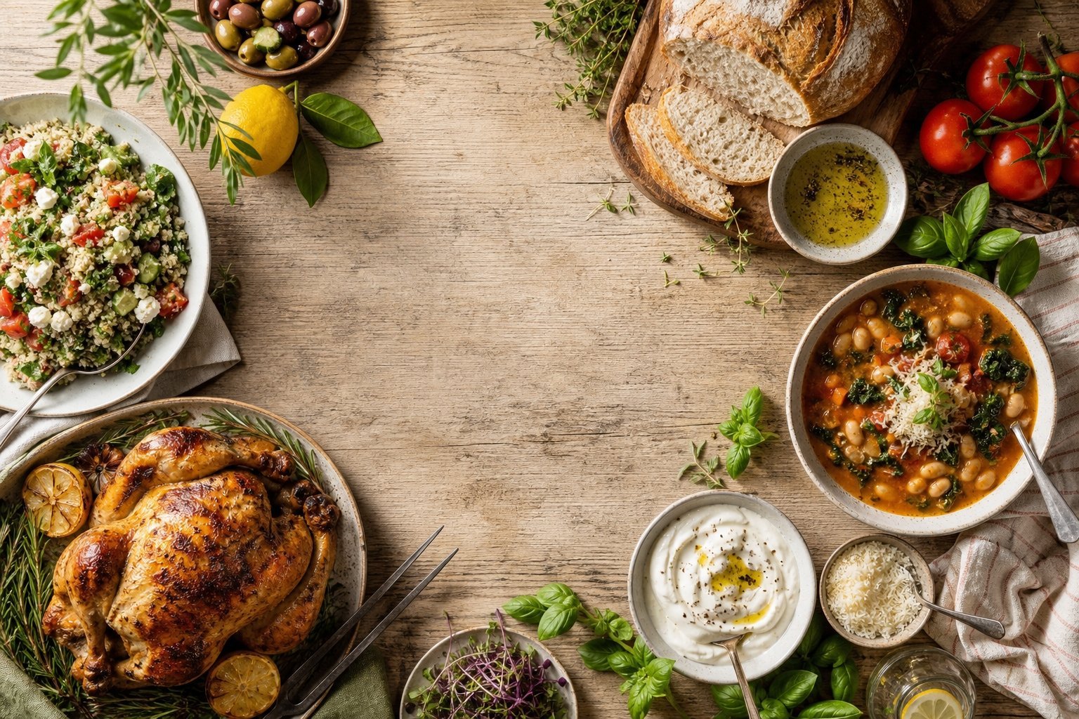 Top-down view of a wooden dining table featuring roasted chicken, bean soup, salad, bread, and savory dips.