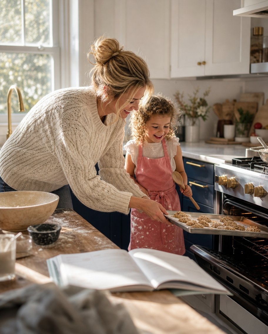 Woman and smiling girl in pink apron slide a baking sheet of raw cookies into a kitchen oven.