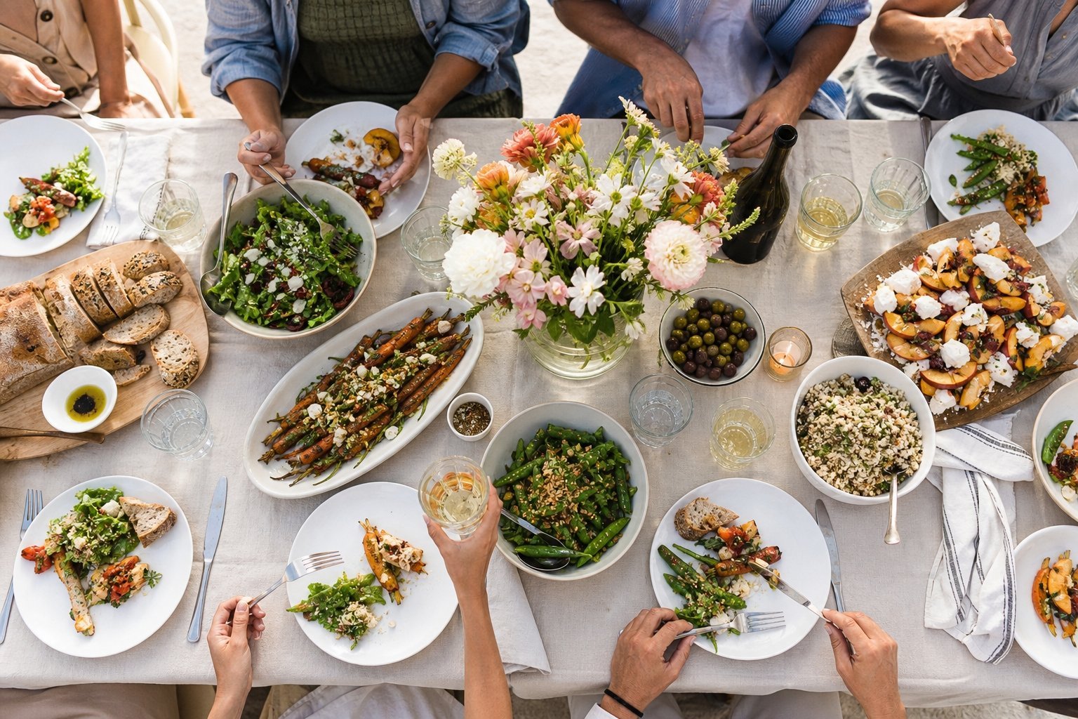 Overhead view of friends sharing a meal with colorful vegetable dishes, fresh bread, and a floral centerpiece.