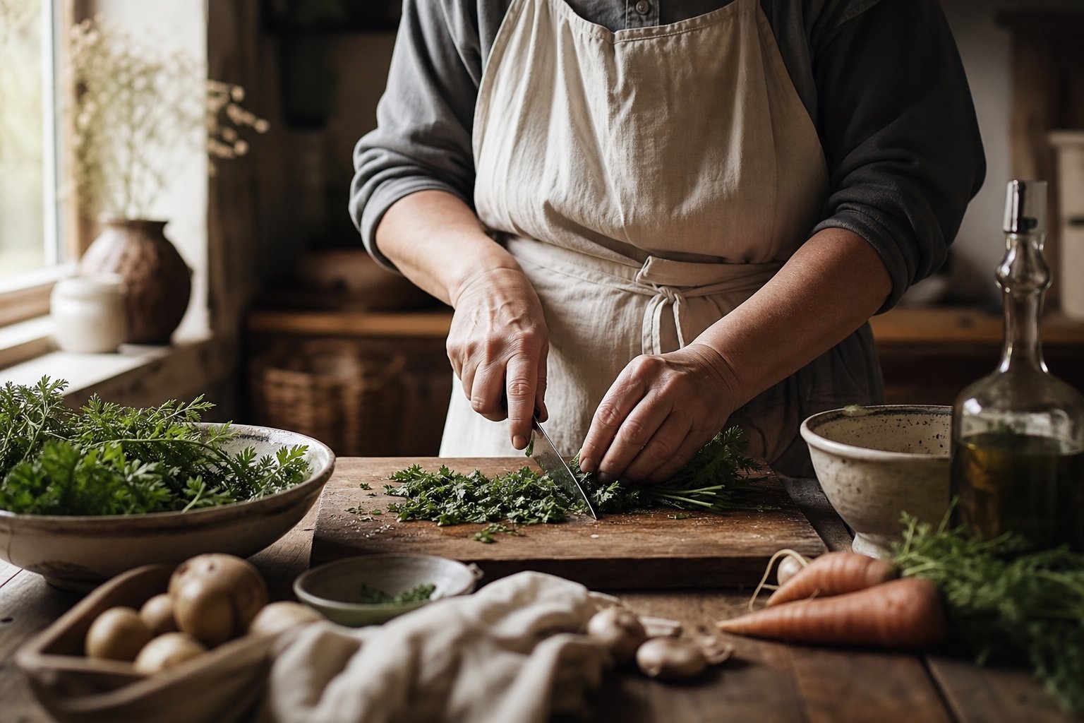 Close up of hands using a chef knife to chop fresh parsley on a wooden cutting board in a rustic kitchen.