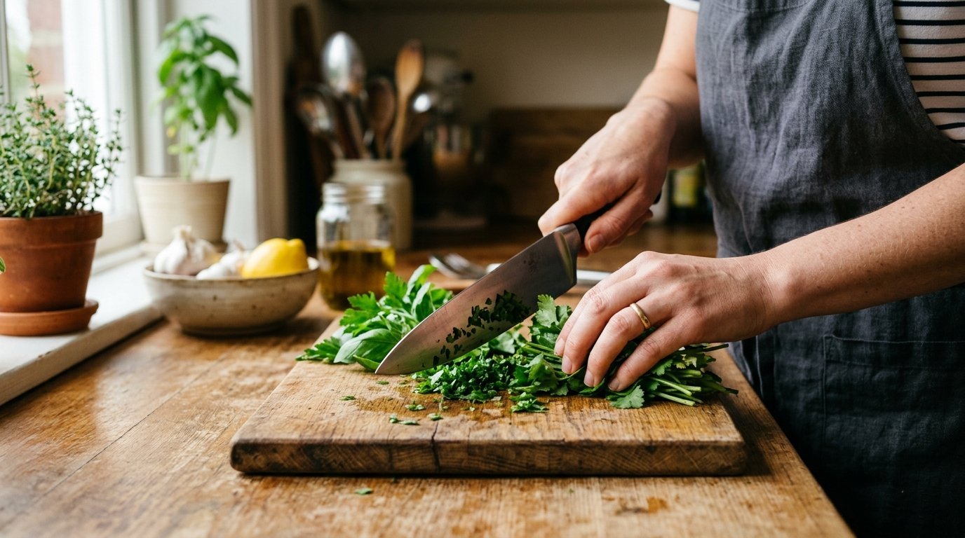 Close up of hands using a sharp steel knife to cut aromatic green herbs on a rustic wooden cutting board.