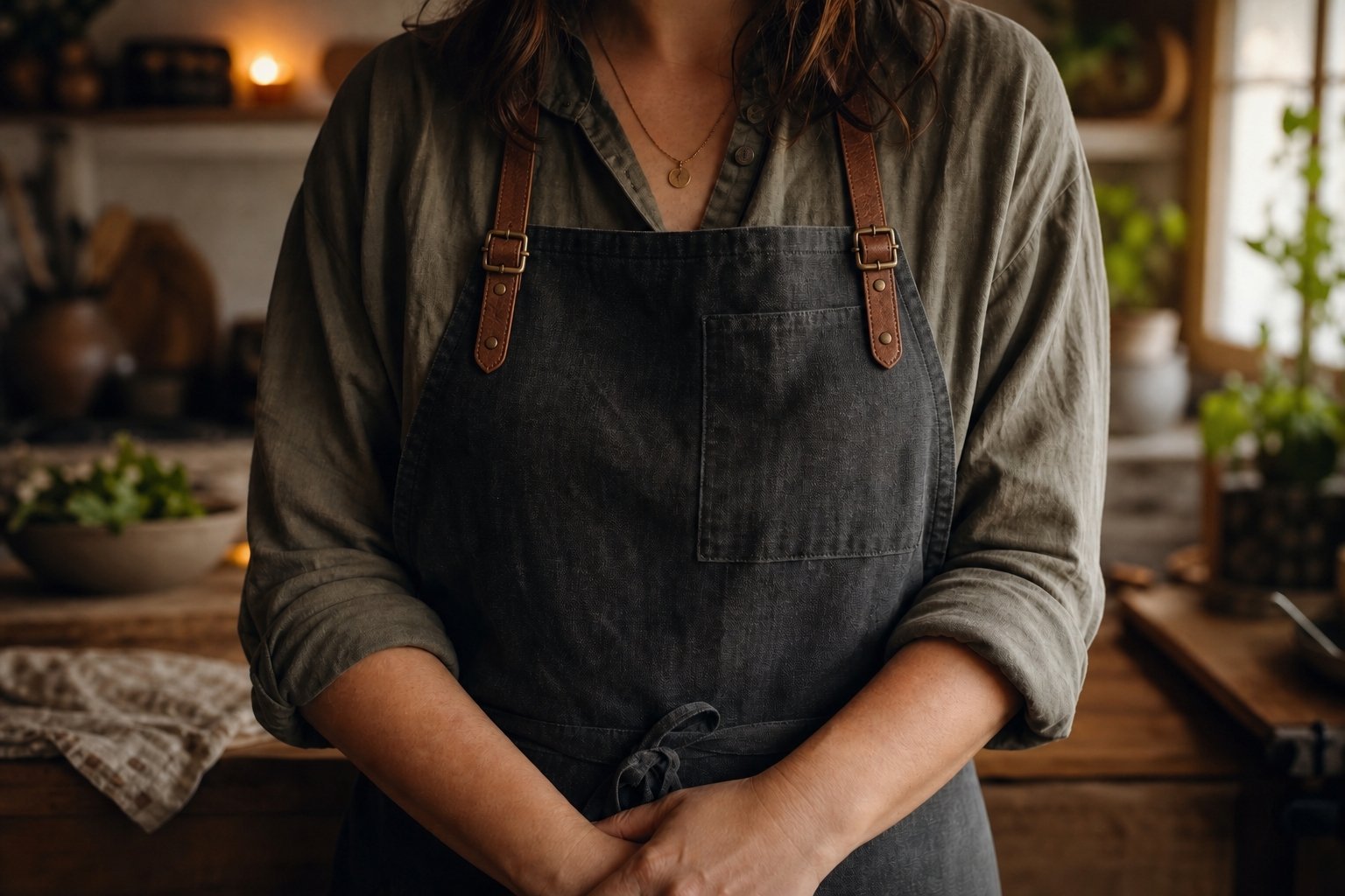 Close-up view of a woman in a linen shirt and dark apron with leather buckles standing in a rustic kitchen.