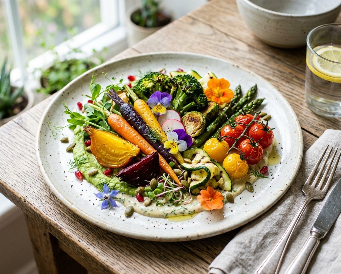 Colorful roasted carrots, beets, broccoli, and tomatoes served over a smooth puree with microgreens and flower petals.