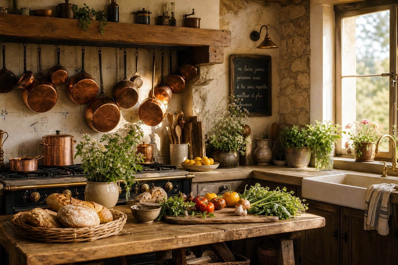Copper pots hang above a stove in a farmhouse kitchen with a wooden table full of bread and fresh vegetables.