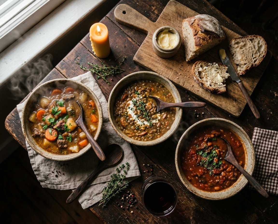 Top-down view of three ceramic bowls filled with different soups beside fresh bread, butter, and a candle.