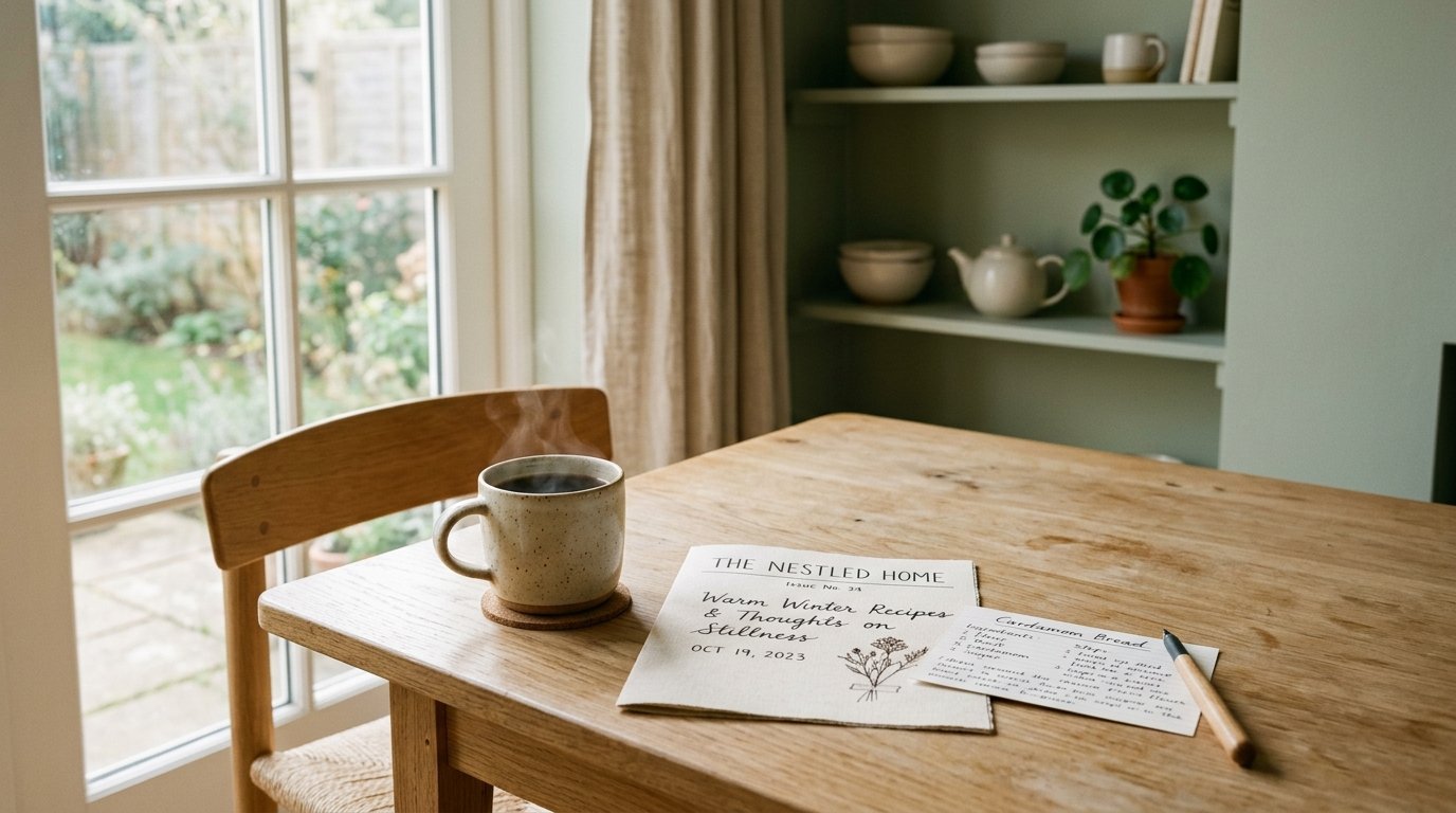 Steaming mug of coffee next to a handwritten cardamom bread recipe on a light wood dining table.