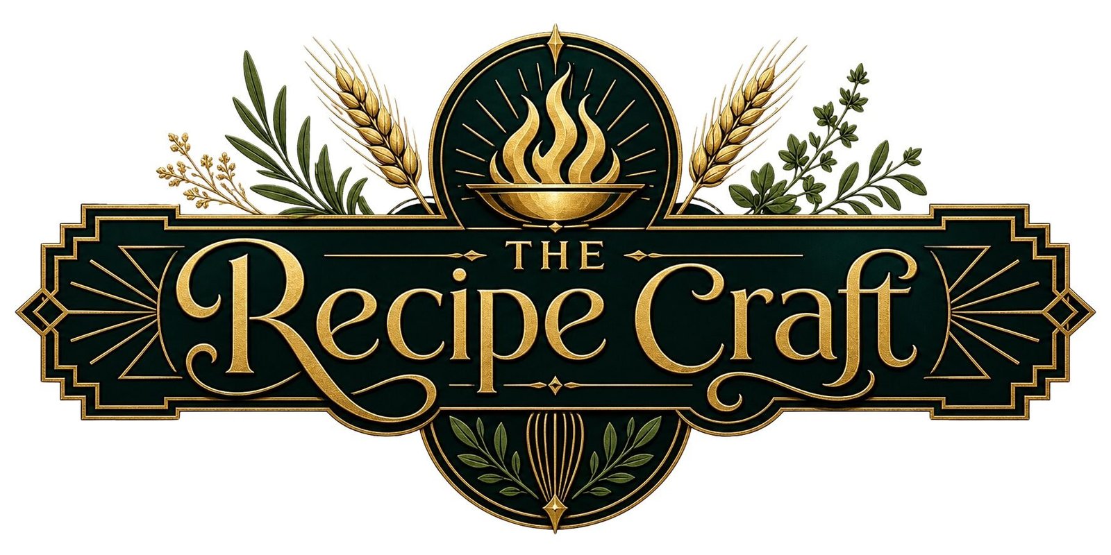Decorative logo featuring gold text, wheat stalks, fresh herbs, and a glowing flame icon on a dark background.