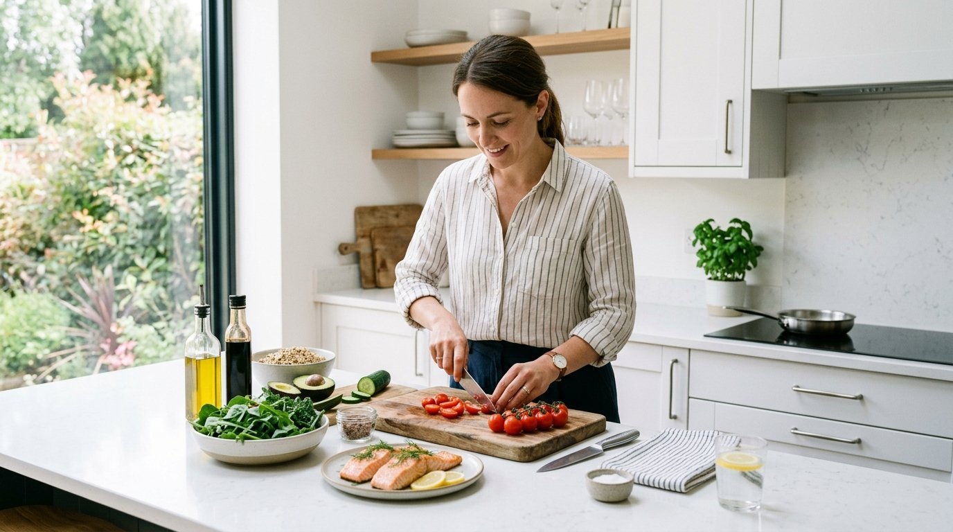 A woman in a striped shirt chopping vegetables at a kitchen counter with salmon, avocado, and spinach nearby.
