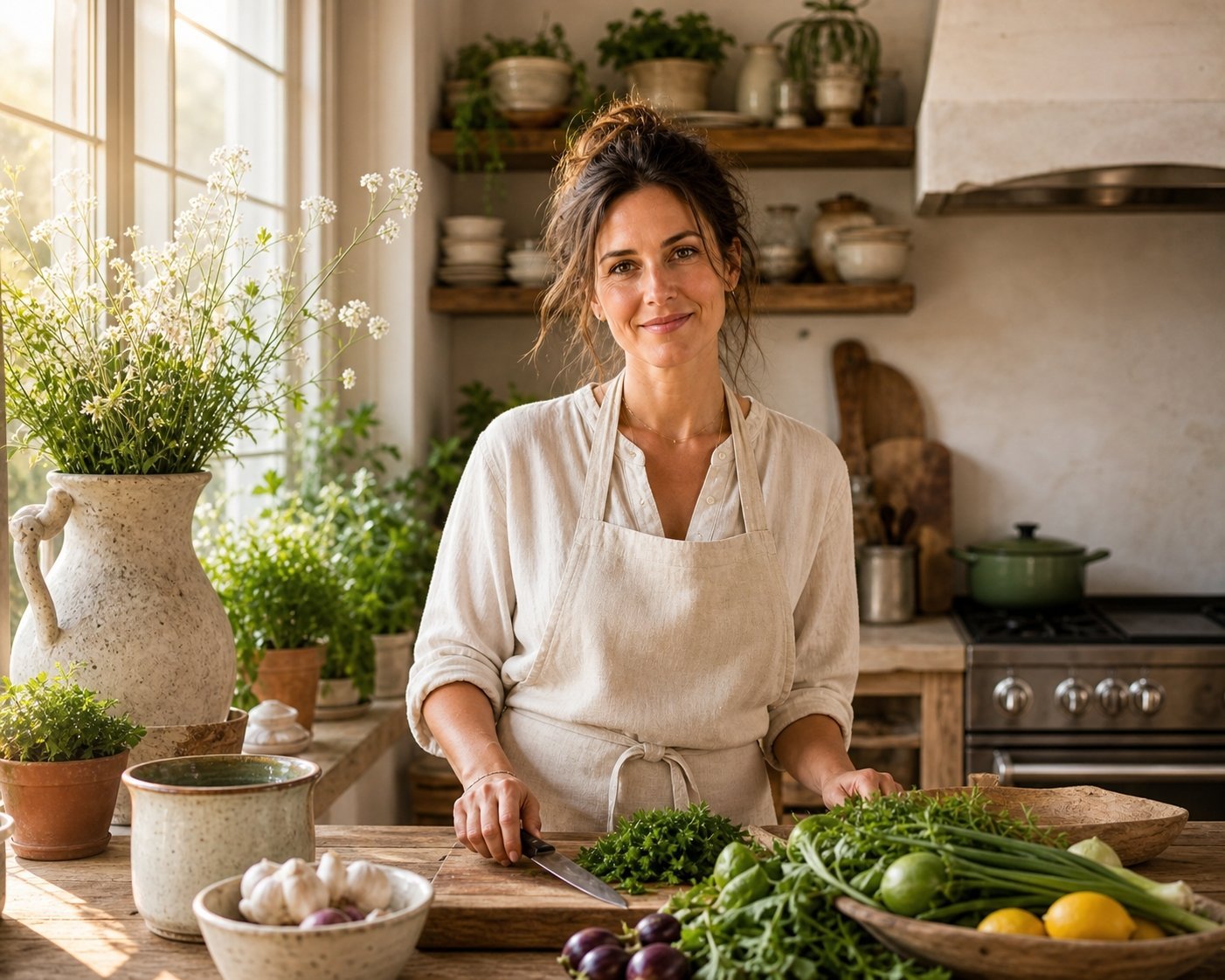 Woman wearing a beige apron standing in a sunny rustic kitchen chopping greens on a wooden cutting board.