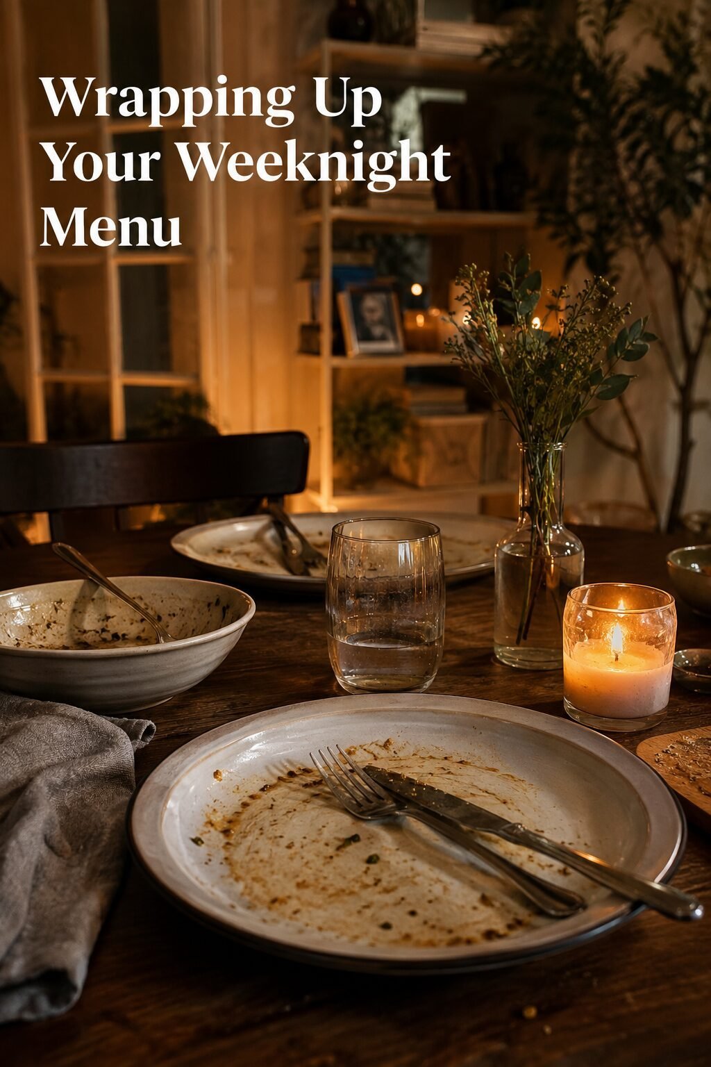 Close up of used dinnerware, a glowing candle, and a glass of water on a rustic dining room table at night.