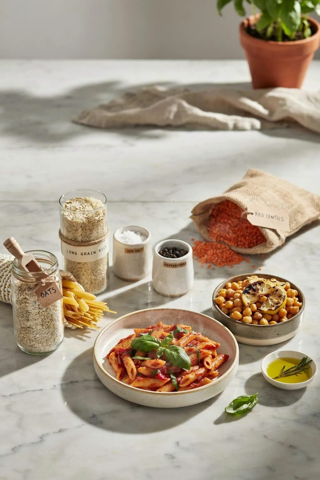 Penne pasta with tomato sauce, chickpeas, and various labeled jars of grains, lentils, and seasoning on a marble surface.