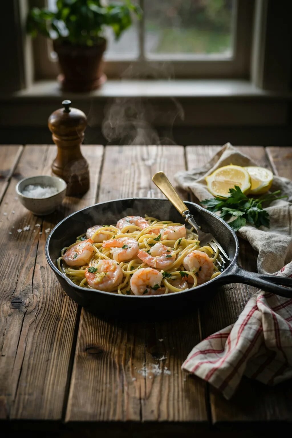 Hot shrimp and linguine in a black iron pan with lemon wedges and a metal fork on a wooden table.