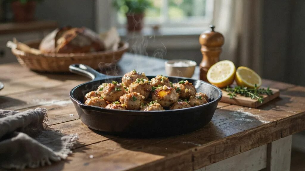 A cast iron pan filled with steaming herb-topped meatballs next to halved lemons and a pepper grinder.