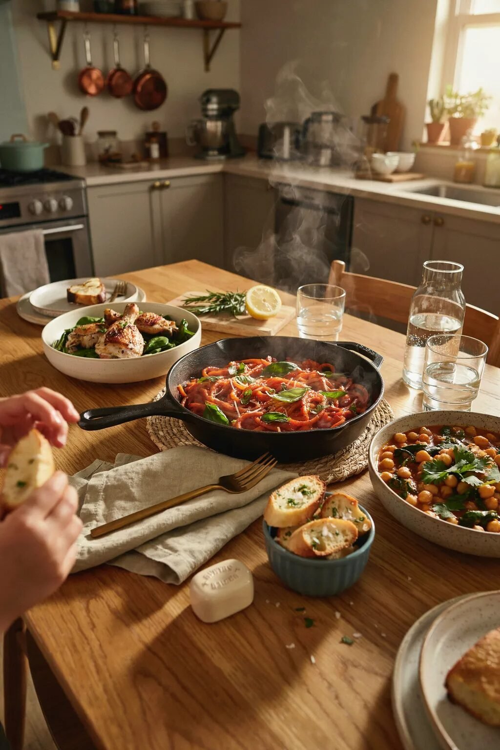 A rustic dining table spread with a steaming skillet of tomato pasta, roasted chicken, and a bowl of chickpeas.