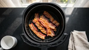 Perfectly crispy bacon strips sitting in an air fryer basket on a kitchen counter