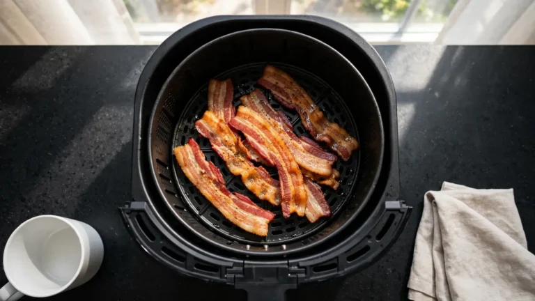 Perfectly crispy bacon strips sitting in an air fryer basket on a kitchen counter