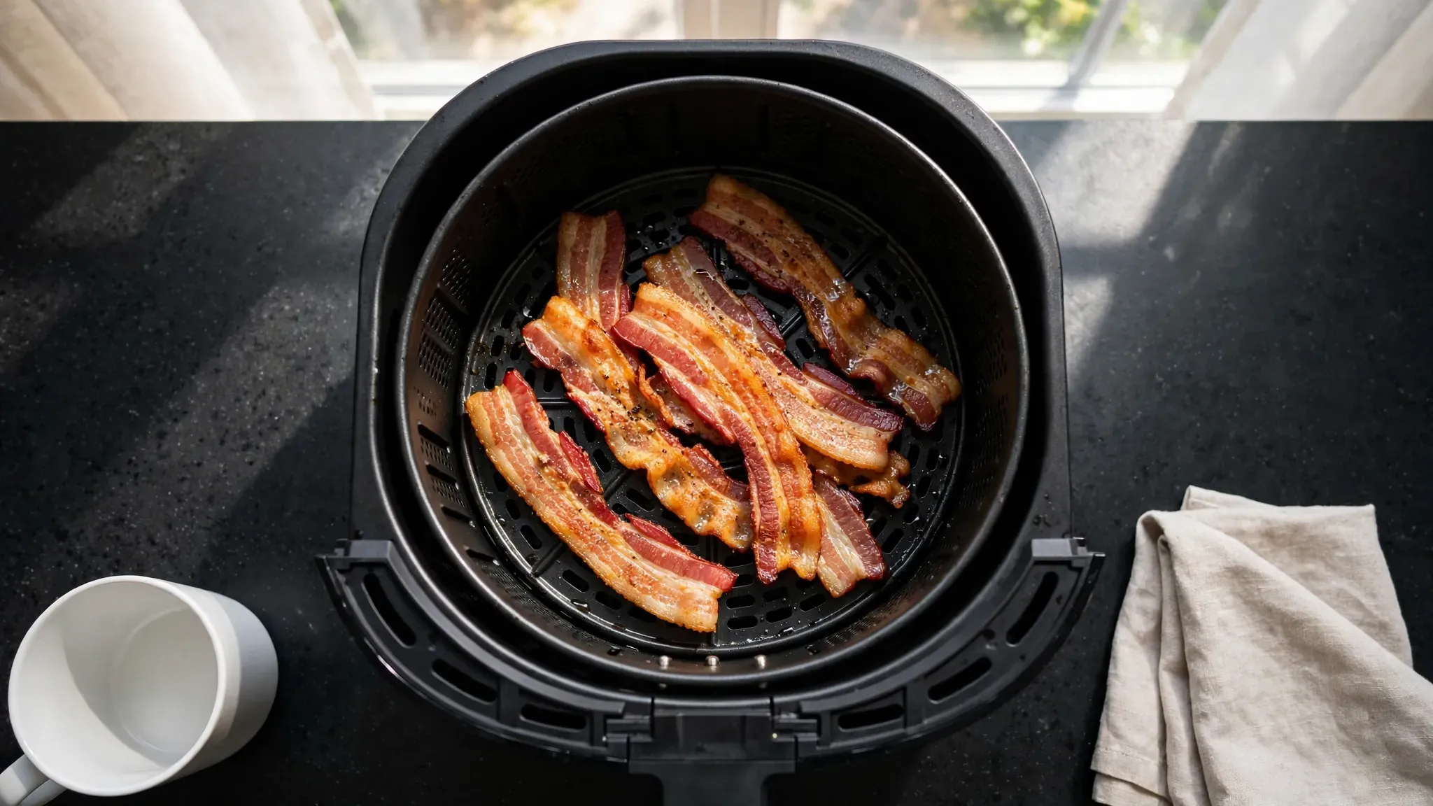 Perfectly crispy bacon strips sitting in an air fryer basket on a kitchen counter