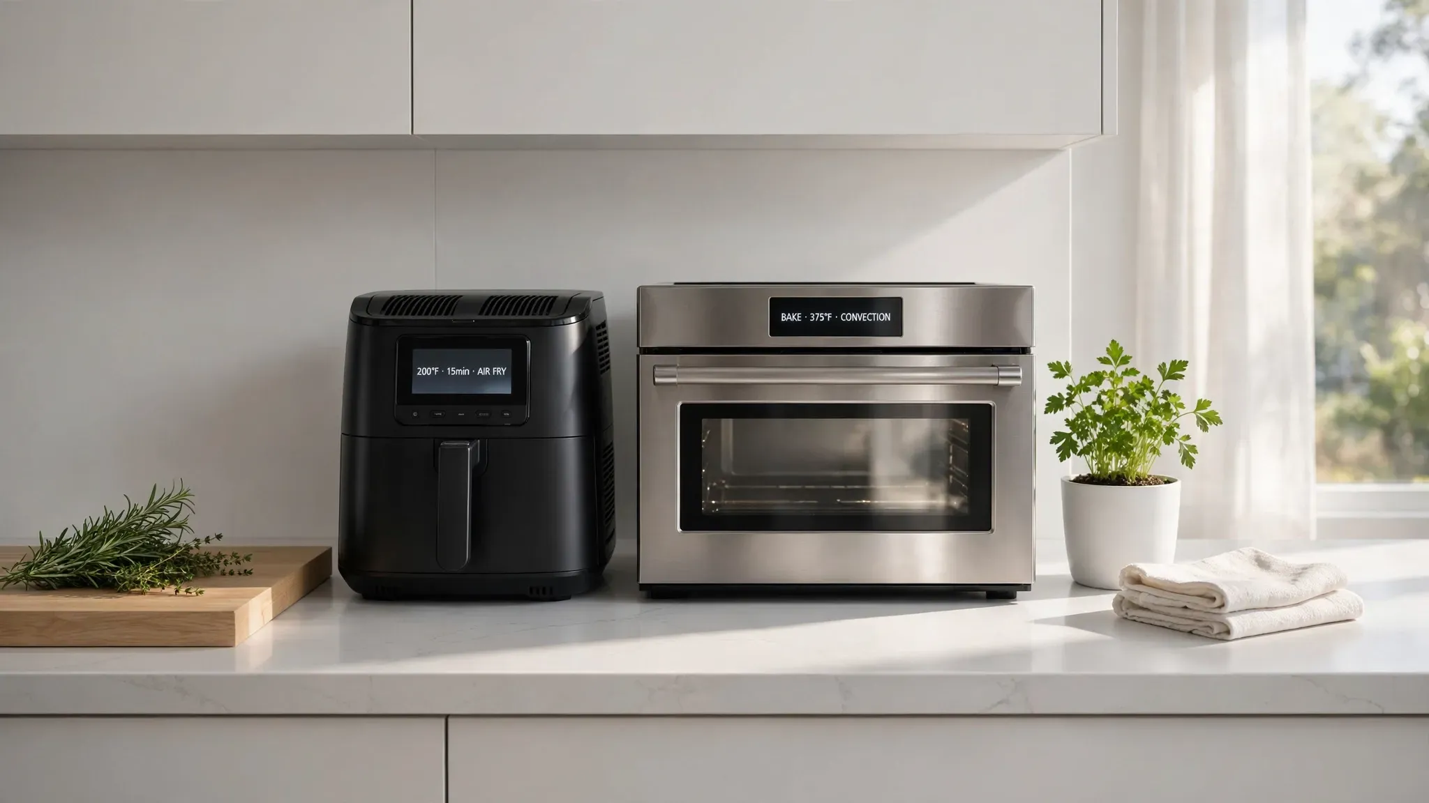 An air fryer and a convection oven on a modern kitchen counter