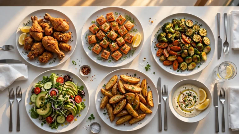 A large wooden table filled with various crispy air fryer meals and fresh sides