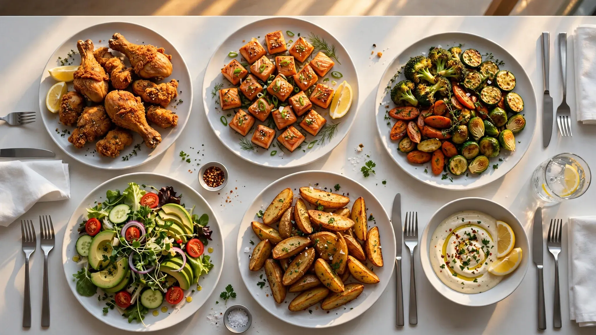 A large wooden table filled with various crispy air fryer meals and fresh sides