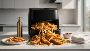 Various crispy frozen foods cooked in an air fryer on a kitchen counter