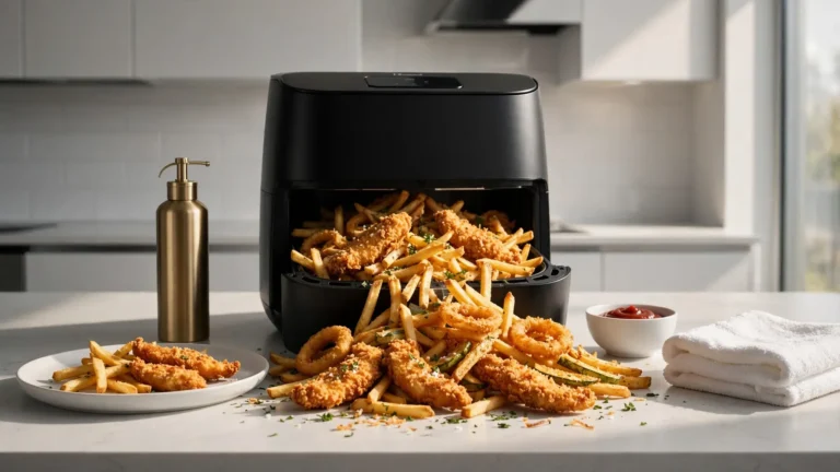 Various crispy frozen foods cooked in an air fryer on a kitchen counter