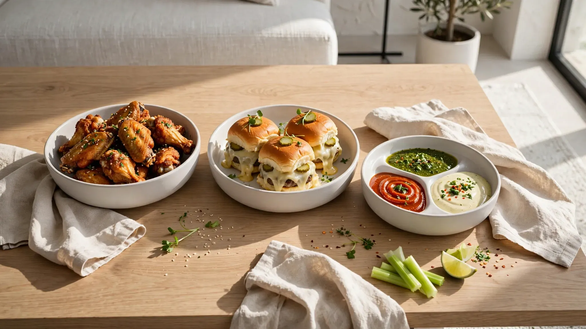 A wooden table filled with crispy air fryer game day snacks like wings and sliders