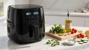 A sleek black air fryer sitting on a clean marble kitchen counter