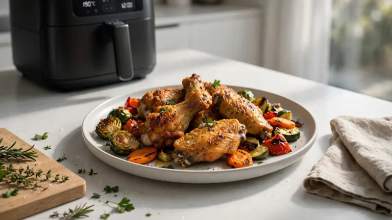 Golden crispy air fried chicken and roasted vegetables on a ceramic plate