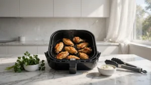 Freshly cooked golden brown chicken wings in a black air fryer basket