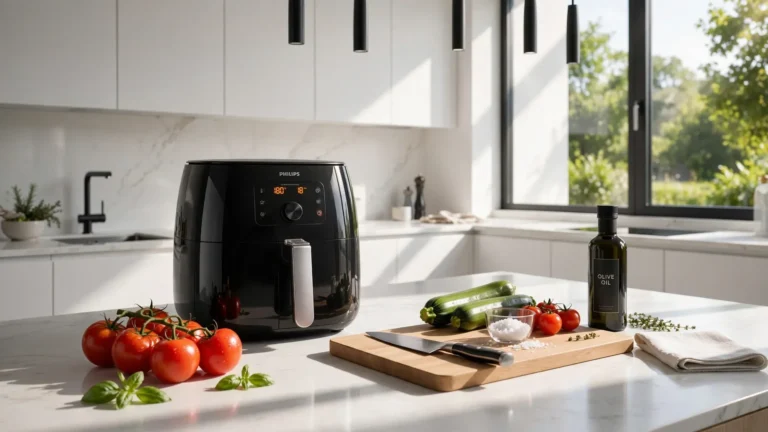 Bright summer kitchen counter with fresh ingredients and a sleek black air fryer