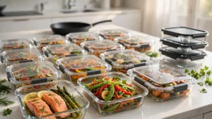 A kitchen counter filled with diverse, colorful meal prep containers featuring different foods