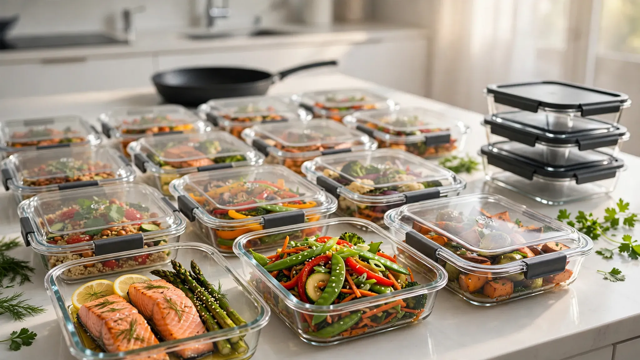 A kitchen counter filled with diverse, colorful meal prep containers featuring different foods