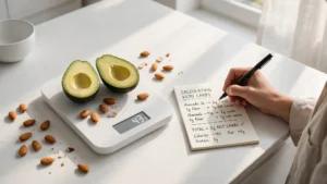 Digital food scale with fresh keto vegetables and a notepad