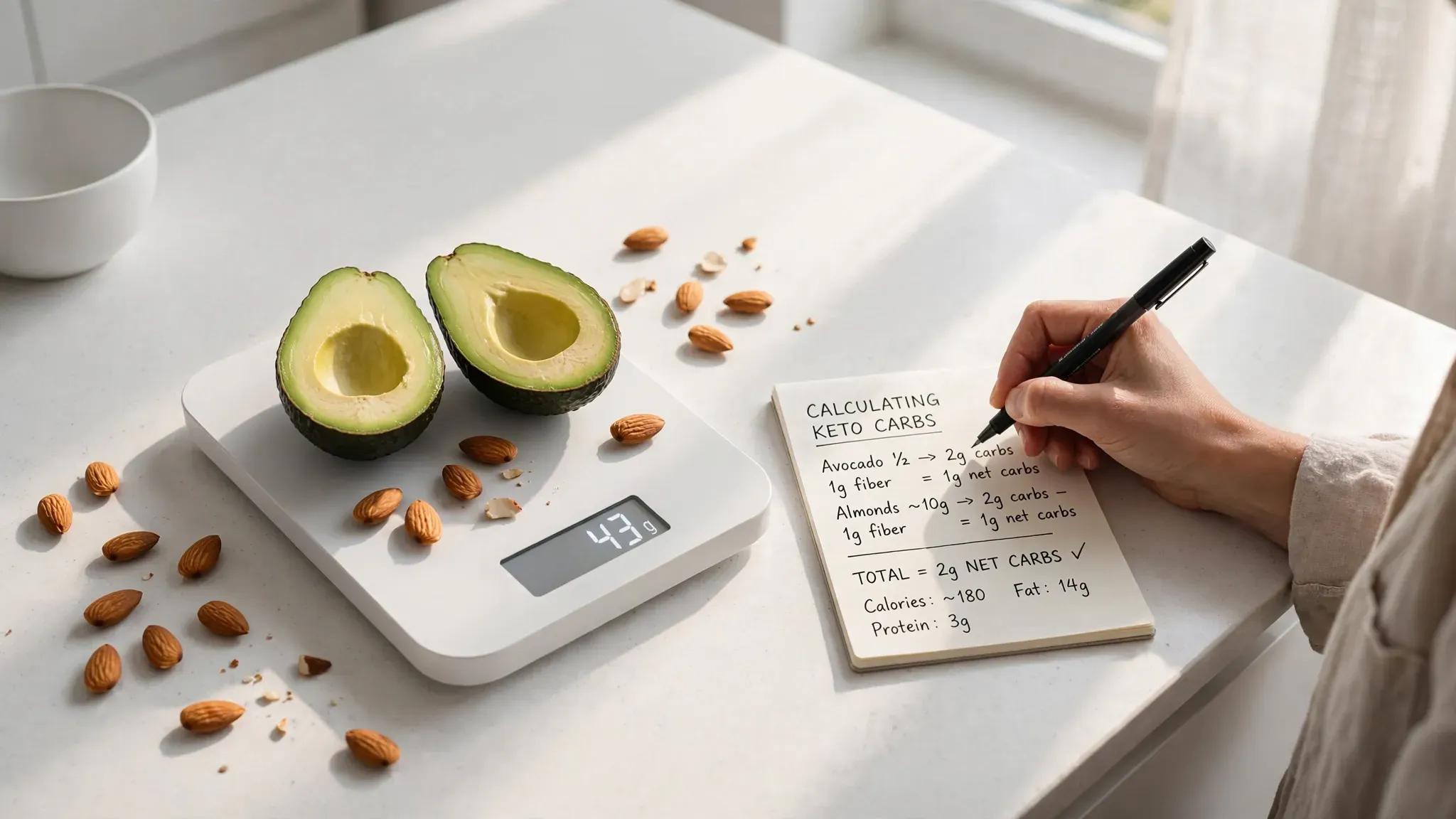 Digital food scale with fresh keto vegetables and a notepad