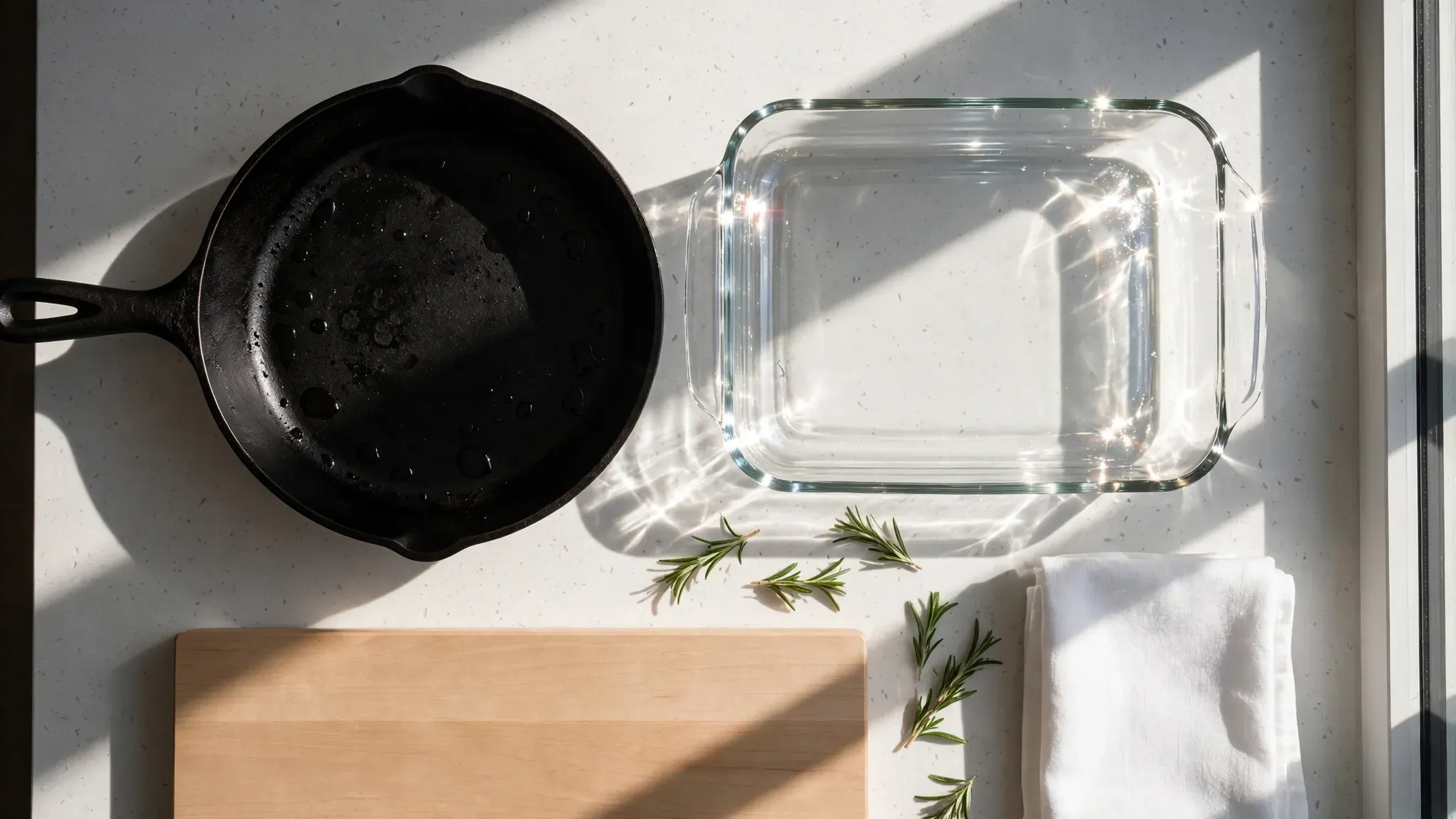 A 12-inch cast iron skillet sitting next to a glass 9x13 baking dish on a wooden kitchen counter