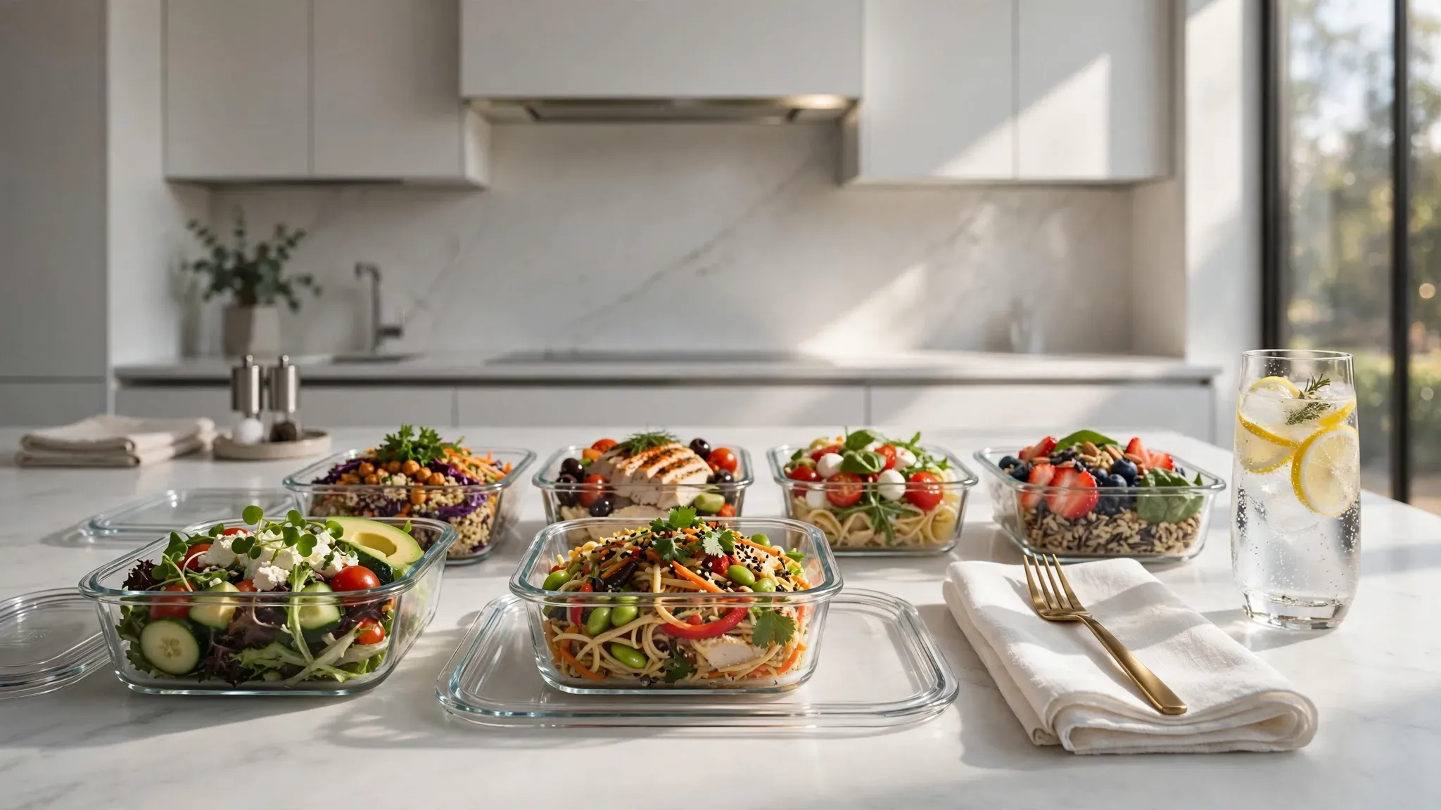 Various cold lunch meal prep containers on a marble kitchen counter