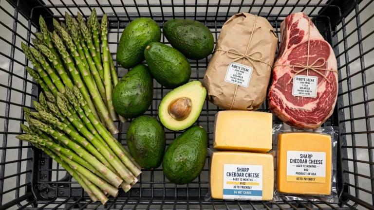 Shopping cart filled with fresh keto produce and meats in a modern supermarket