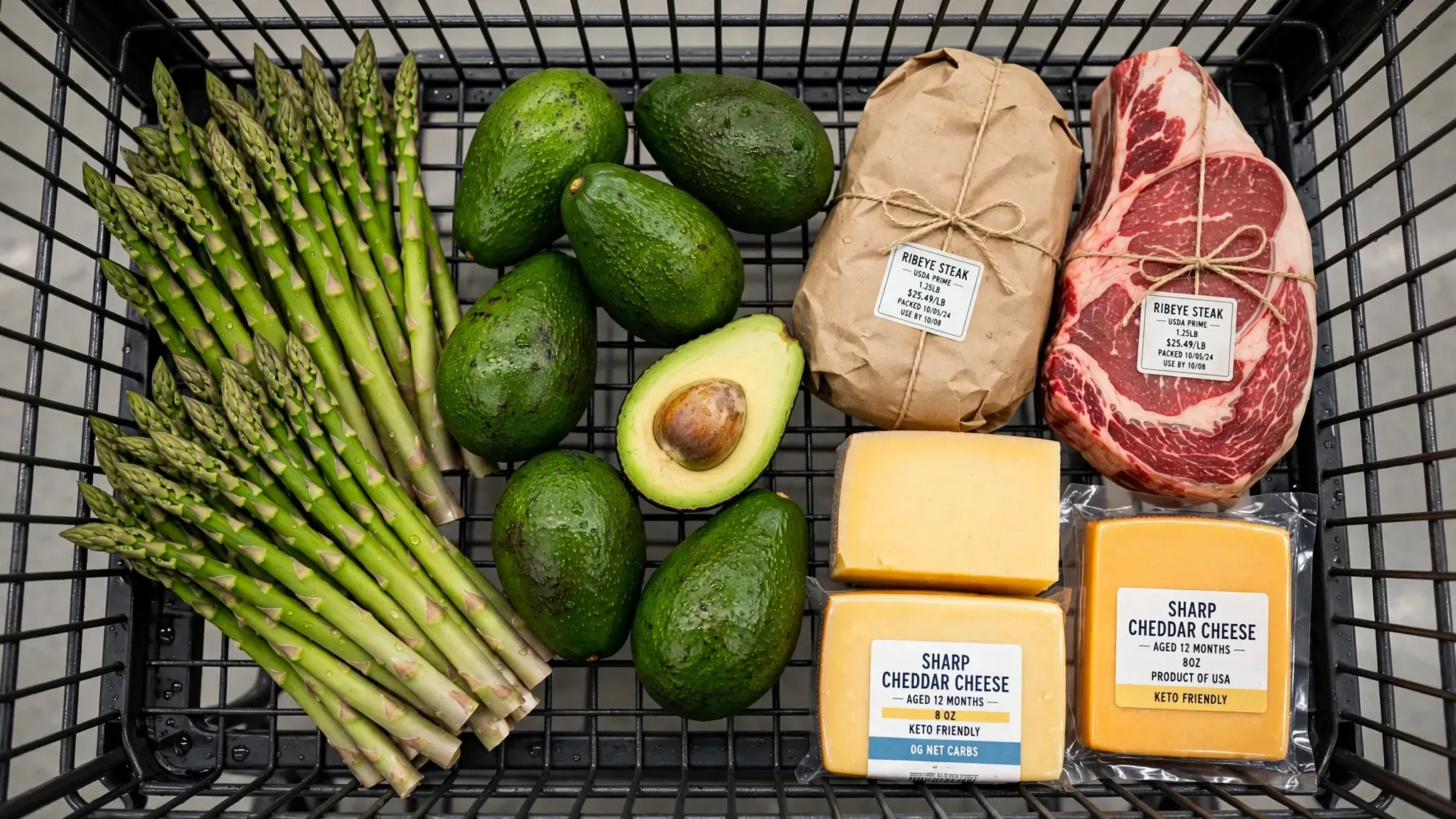 Shopping cart filled with fresh keto produce and meats in a modern supermarket